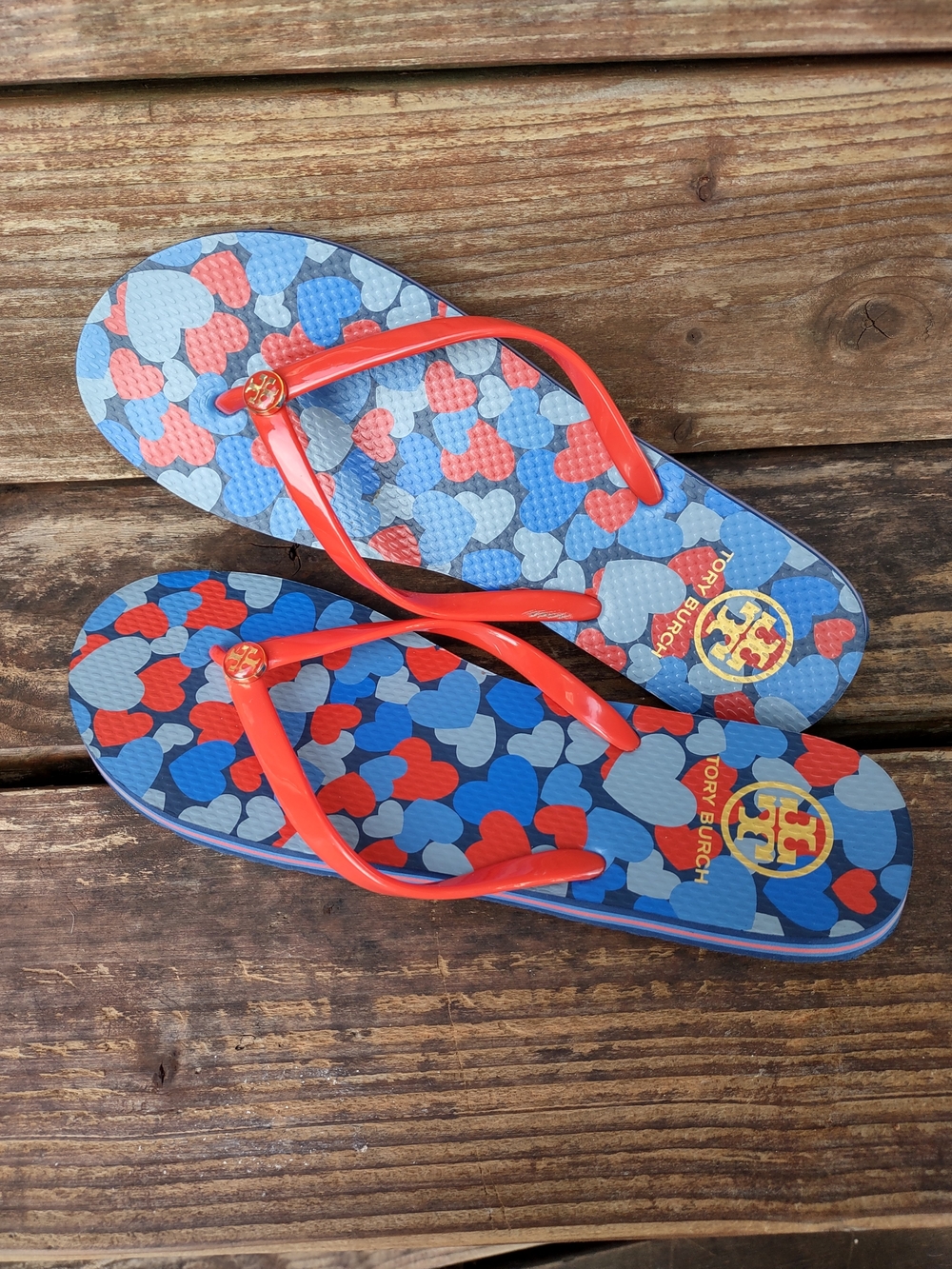 Tory Burch Heart Print Flip Flops in Blue & Red Women's Size 10